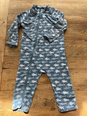 Stonz Swim Suit Blue Fish Print Zippered Baby One-Piece 12-18 months EUC